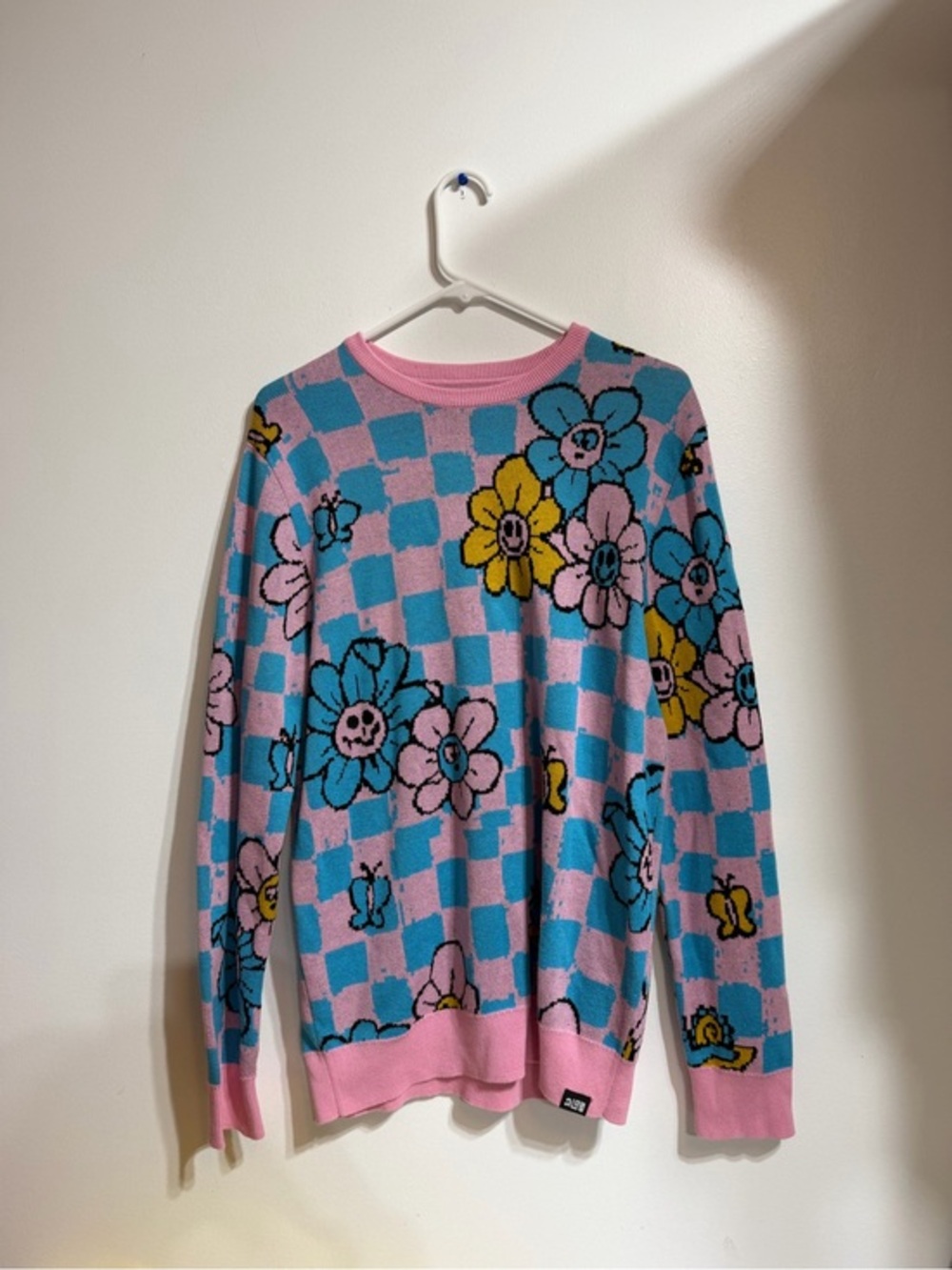 A-Lab Pastel Pink & Blue Checkerboard Floral Knit Sweater - Size S